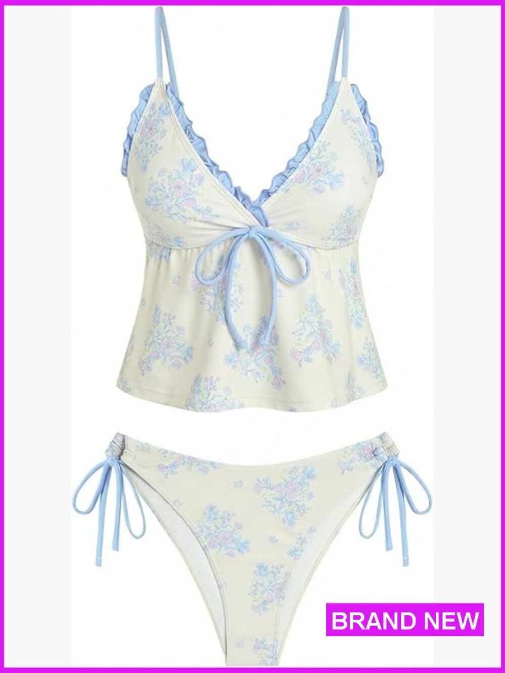 V Neck Textured Tie Side Tankini Set Tummy Control Ruffled Trim Two Piece